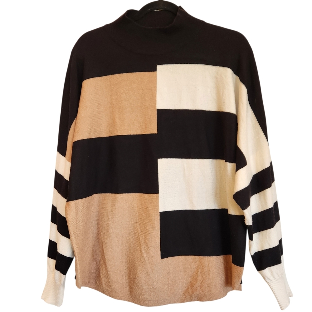 Aaeda Tan/Black/Cream Colorblock Mock Neck Sweater Size XL Ribbed Neck/Cuffs